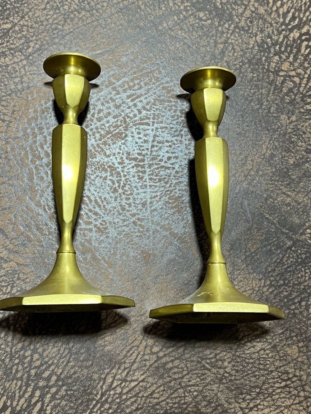 Vintage Solid Brass Hexagonal Base Candlestick Holders, Set of 2